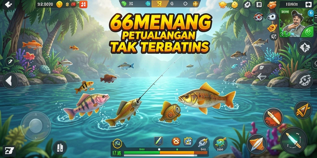 Tampilan gameplay seru di 66MENANG saat menangkap ikan besar.