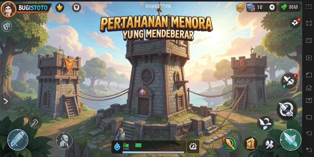 Screenshot gameplay BUGISTOTO menampilkan strategi menara yang menegangkan.