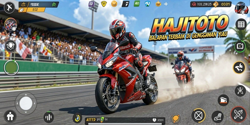 Gameplay seru HAJITOTO dalam balapan motor yang mendebarkan.