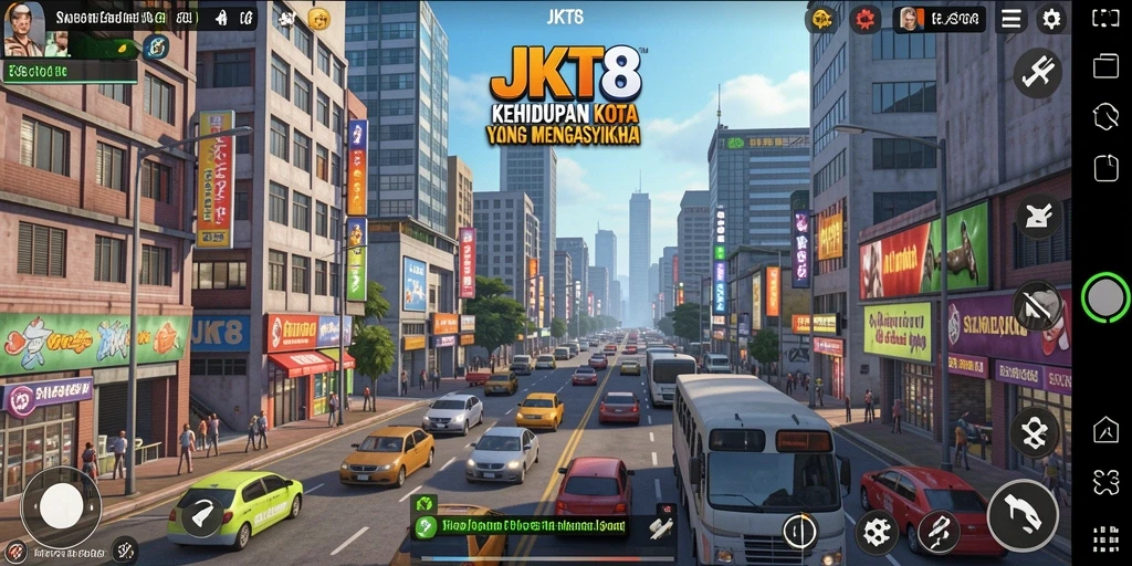 Screenshot JKT8 menunjukkan gameplay dinamis dalam simulasi kota.