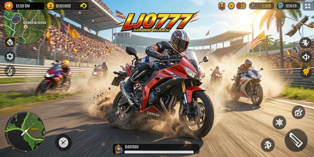 Tampilan gameplay LJO777 dengan balapan motor yang cepat dan mendebarkan.
