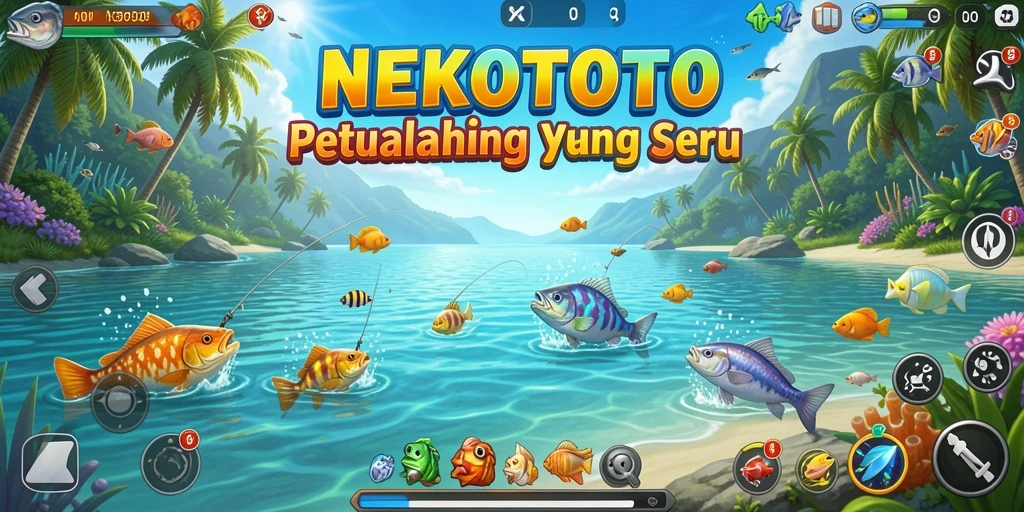 Screenshot gameplay NEKOTOTO yang menampilkan aksi menangkap ikan.