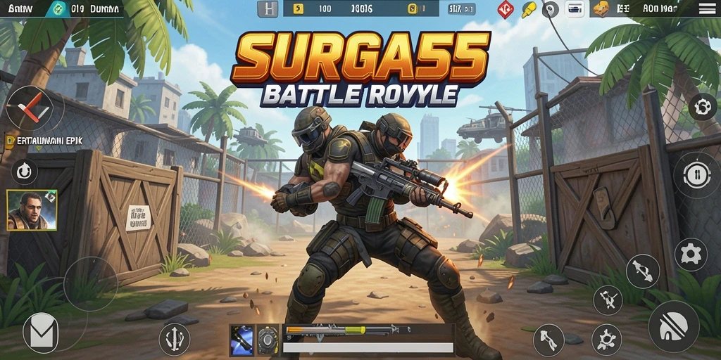 Screenshot gameplay SURGA55 menunjukkan pertempuran intens di medan perang.